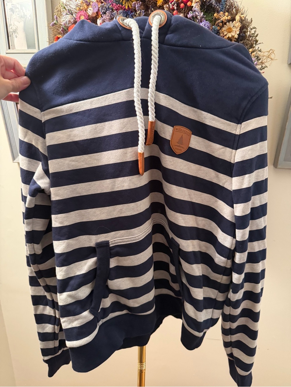 Wanakome Striped Navy and White Hooded Pullover Sweatshirt